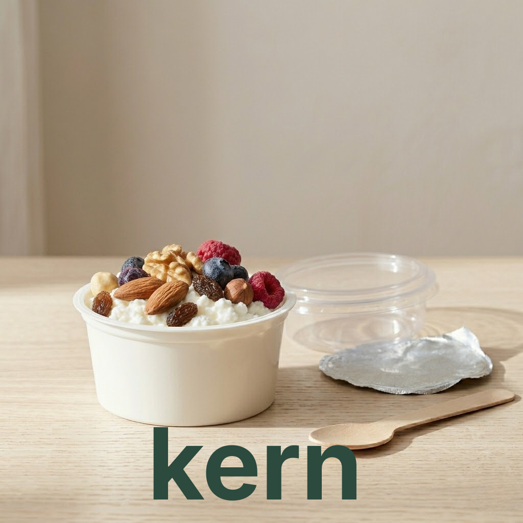 Side view of a kern cup, with the foil seal and wooden spoon resting beside it
