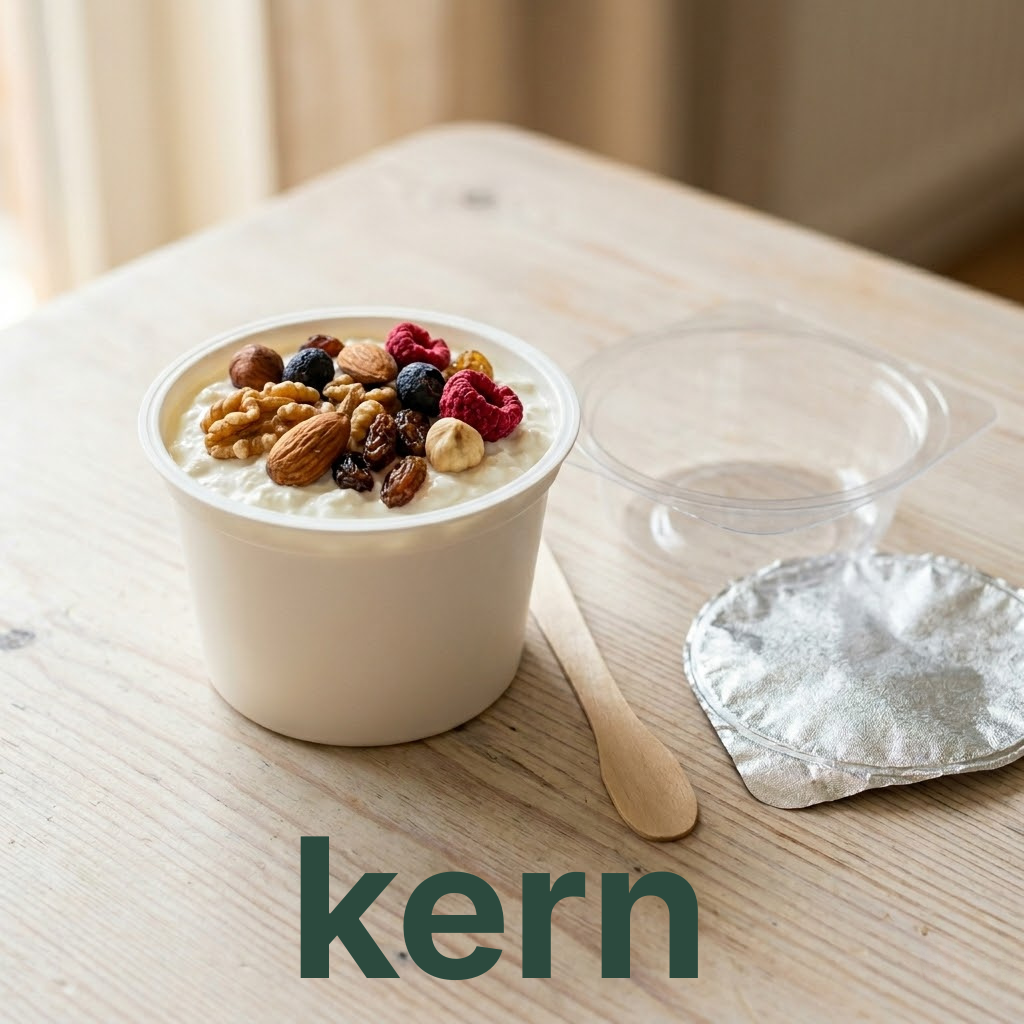 A cup of kern cottage cheese with raw nuts, raisins, and freeze-dried raspberries on a wooden table