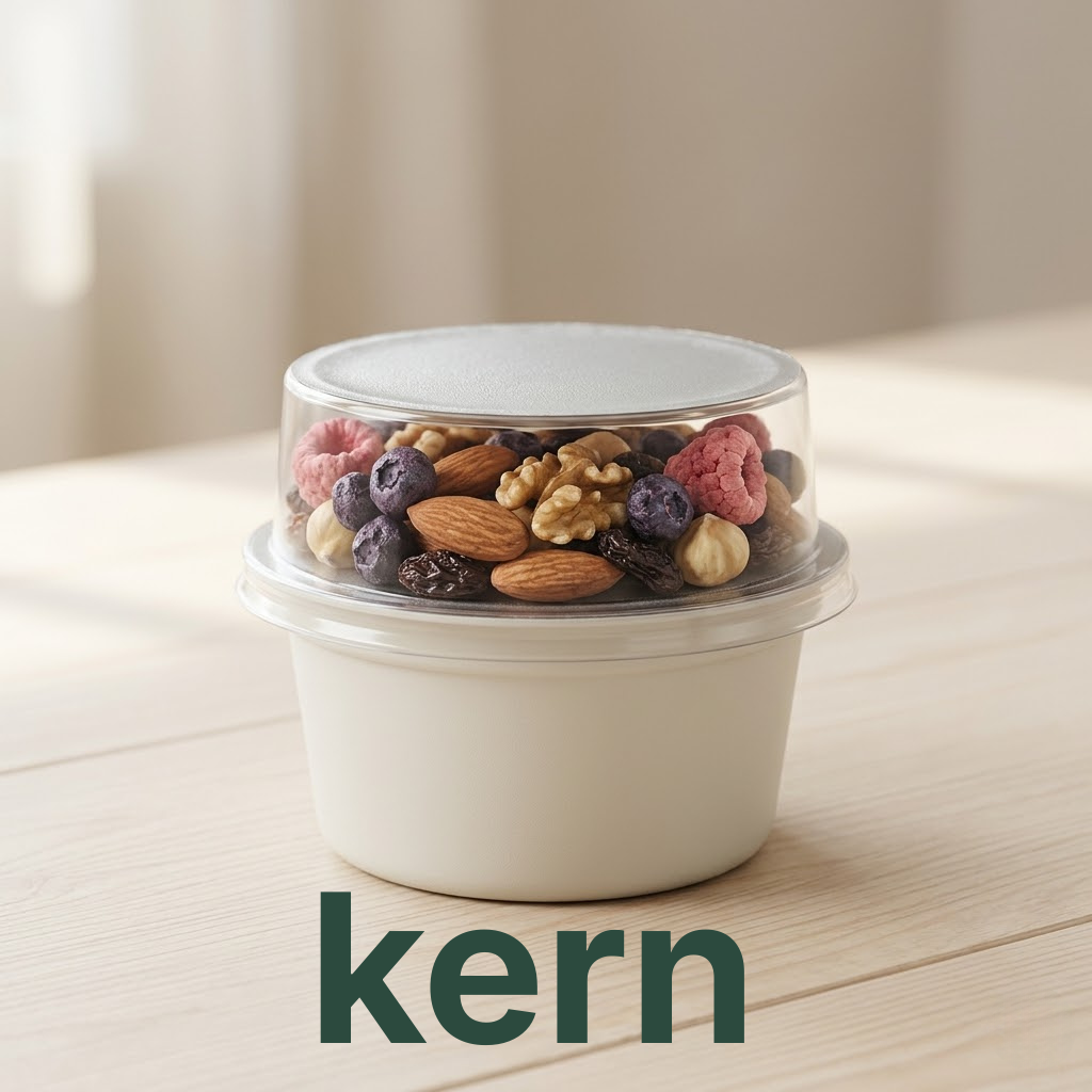 A sealed kern cup with a domed clear lid showing the nut and berry topping